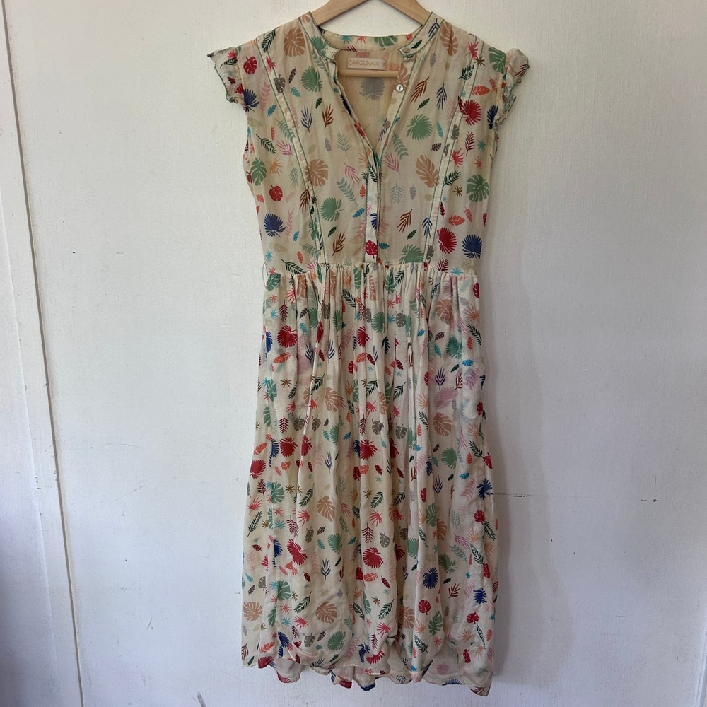 Carolina K Cotton Silk Tropical Leaf Midi Dress Womens Small Cottagecore Garden